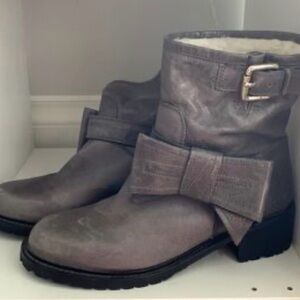 Red Valentino leather Gray Women's Ankle Boots buckle Bow faux fur 39.5 9.5 , 9